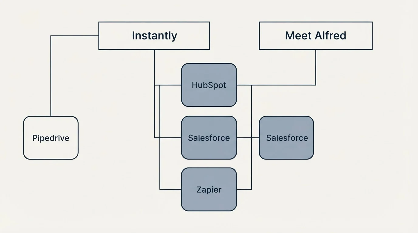 Integration grid: Integration Ecosystem (Instantly, Meet Alfred, HubSpot, Salesforce)