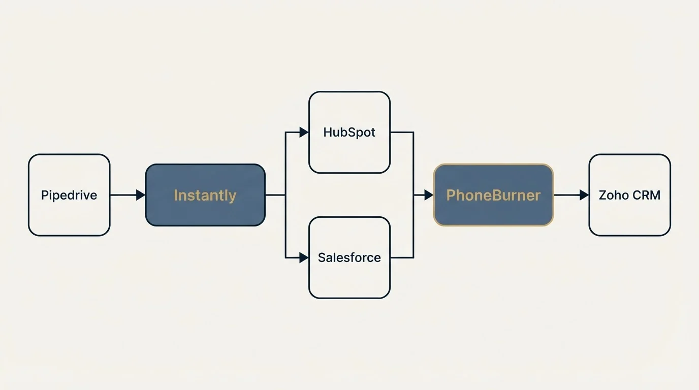 Integration flow: Integration Ecosystem (Instantly, PhoneBurner, HubSpot, Salesforce)