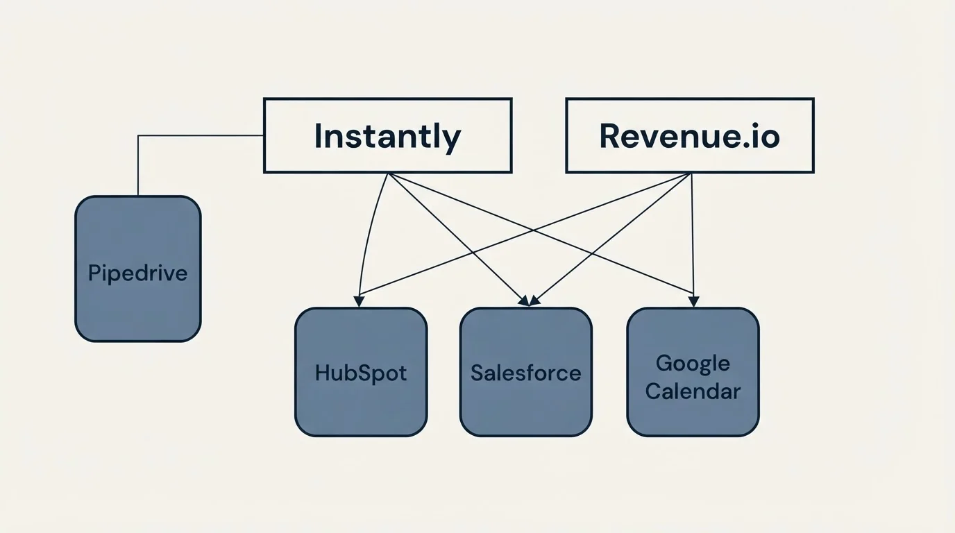 Integration grid: Integration Ecosystem (Instantly, Revenue.io, HubSpot, Salesforce)