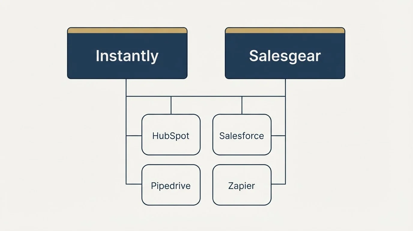 Integration grid: Integration Ecosystem (Instantly, Salesgear, HubSpot, Salesforce)