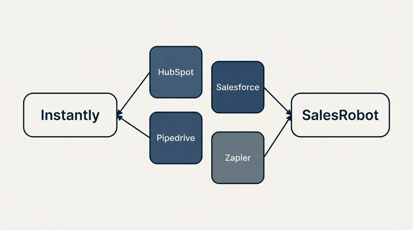 Integration schematic: Integration Ecosystem (Instantly, SalesRobot, HubSpot, Salesforce)