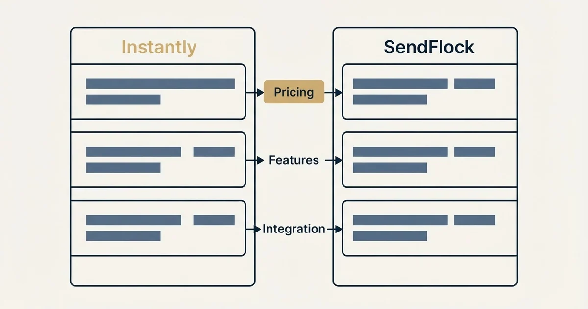 Comparison panel: Instantly vs SendFlock (Pricing, Features, Integration)