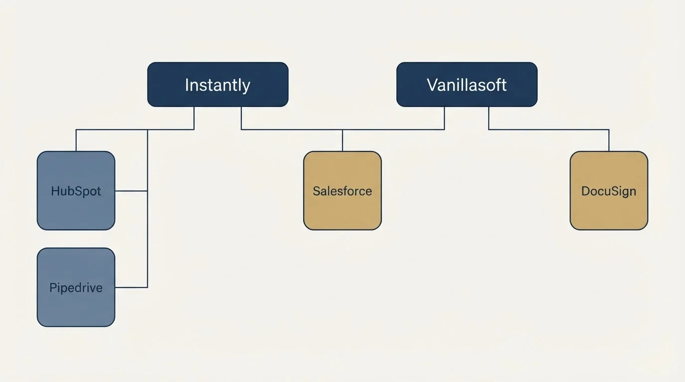 Integration grid: Integration Ecosystem (Instantly, Vanillasoft, Salesforce, HubSpot)