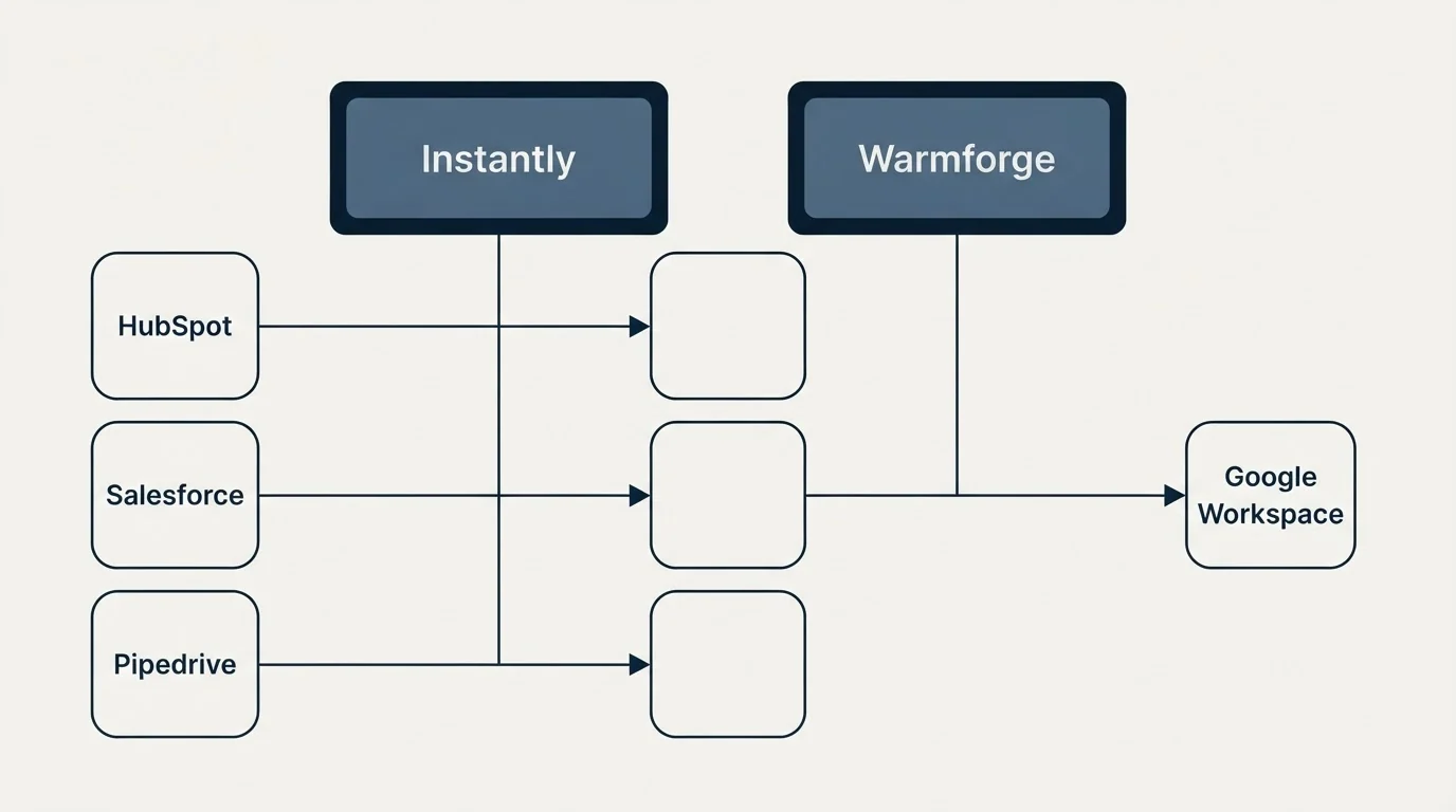 Integration grid: Integration Ecosystem (Instantly, Warmforge, HubSpot, Google Workspace)