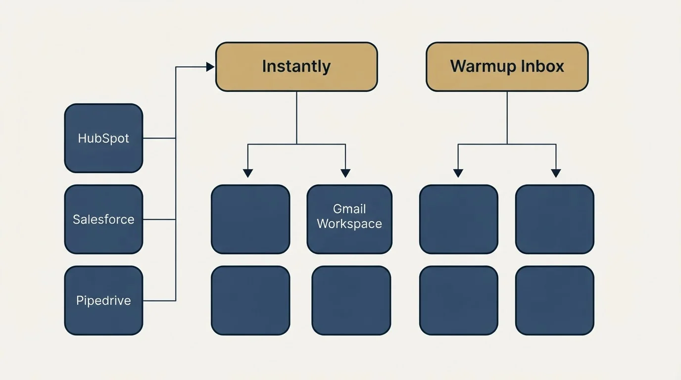 Integration grid: Integration Ecosystem (Instantly, Warmup Inbox, HubSpot, Gmail Workspace)