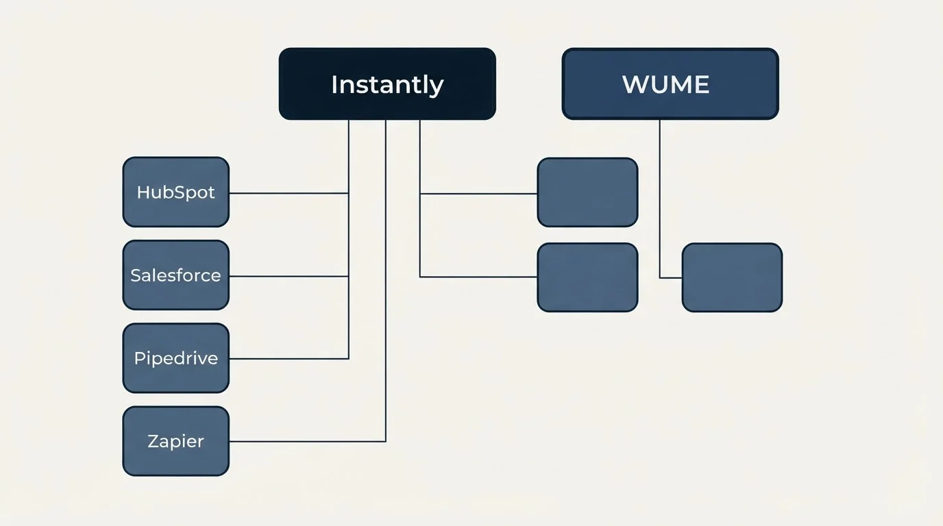 Integration grid: Integration Ecosystem (Instantly, WUME, HubSpot, Salesforce)
