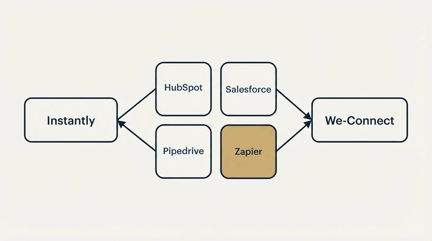 Integration schematic: Integration Ecosystem (Instantly, We-Connect, HubSpot, Salesforce)