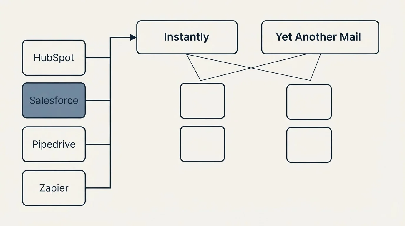 Integration grid: Integration Ecosystem (Instantly, Yet Another Mail, HubSpot, Salesforce)