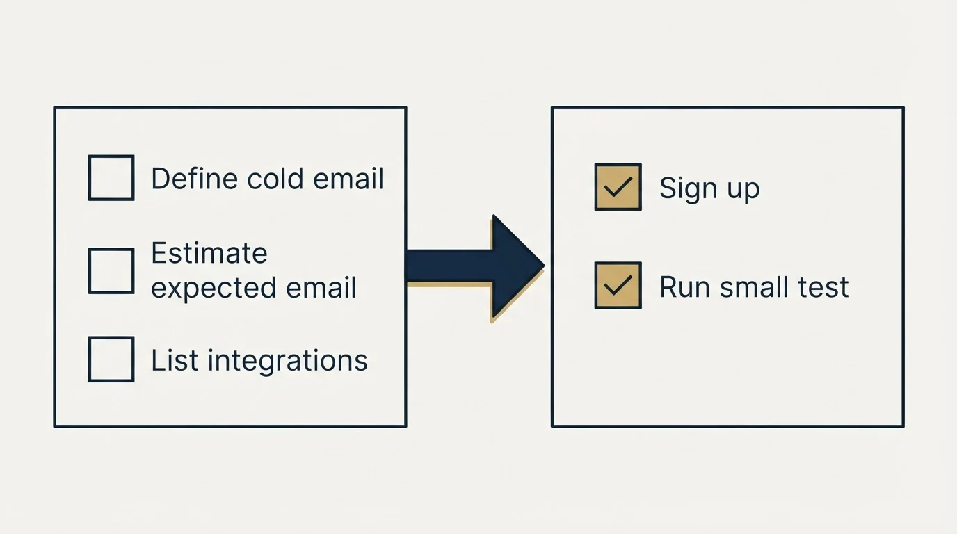 Before-and-after steps: Getting Started Checklist (Define cold email, Estimate expected email, List integrations, Sign up)