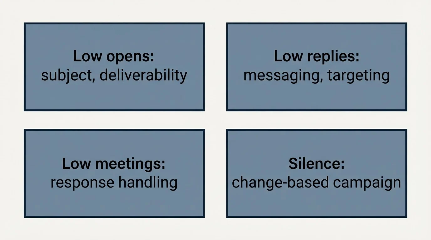 Schematic: Improving Your Insurance Cold Email Performance (Low opens: subject, deliverability, Low replies: messaging, targeting, Low meetings: response handling, Silence: change-based campaign)