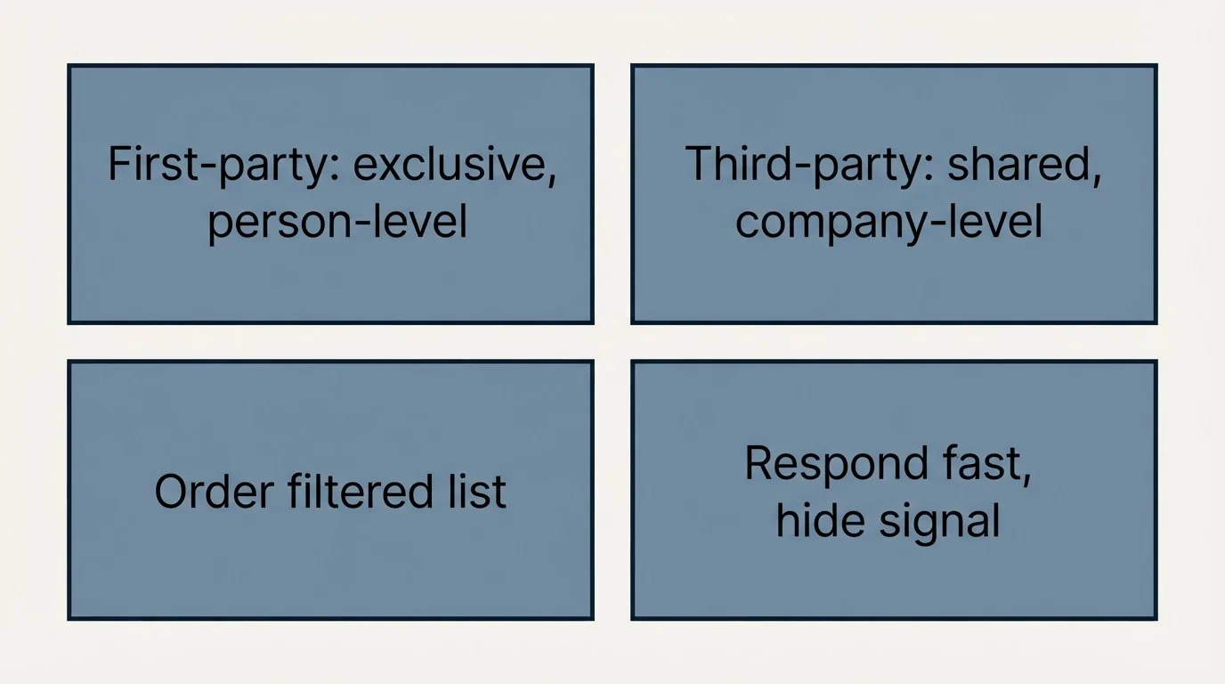 Schematic: The short version (First-party: exclusive, person-level, Third-party: shared, company-level, Order filtered list, Respond fast, hide signal)