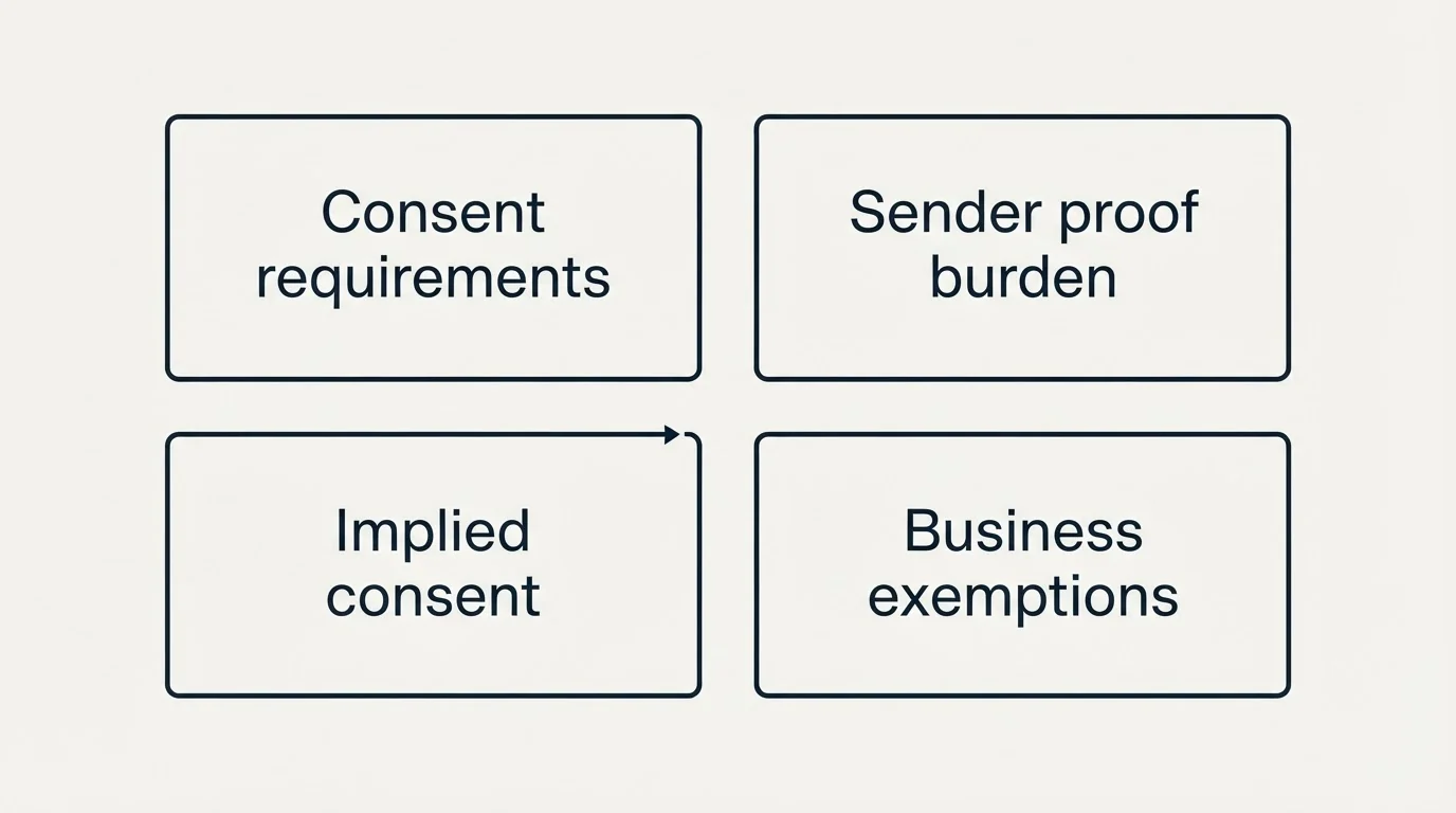 Schematic: Canada: CASL (Consent requirements, Sender proof burden, Implied consent, Business exemptions)