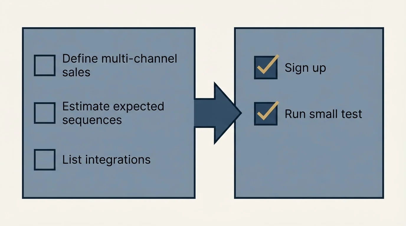 Before-and-after steps: Getting Started Checklist (Define multi-channel sales, Estimate expected sequences, List integrations, Sign up)