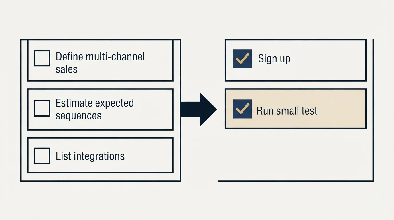 Before-and-after steps: Getting Started Checklist (Define multi-channel sales, Estimate expected sequences, List integrations, Sign up)
