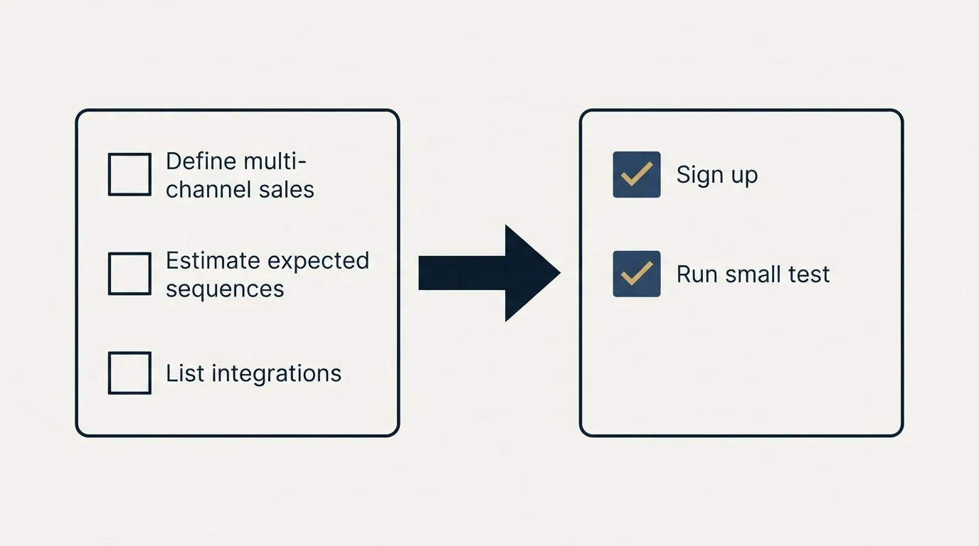 Before-and-after steps: Getting Started Checklist (Define multi-channel sales, Estimate expected sequences, List integrations, Sign up)