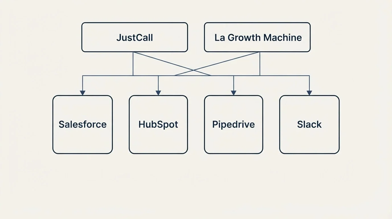 Integration grid: Integration Ecosystem (JustCall, La Growth Machine, Salesforce, HubSpot)