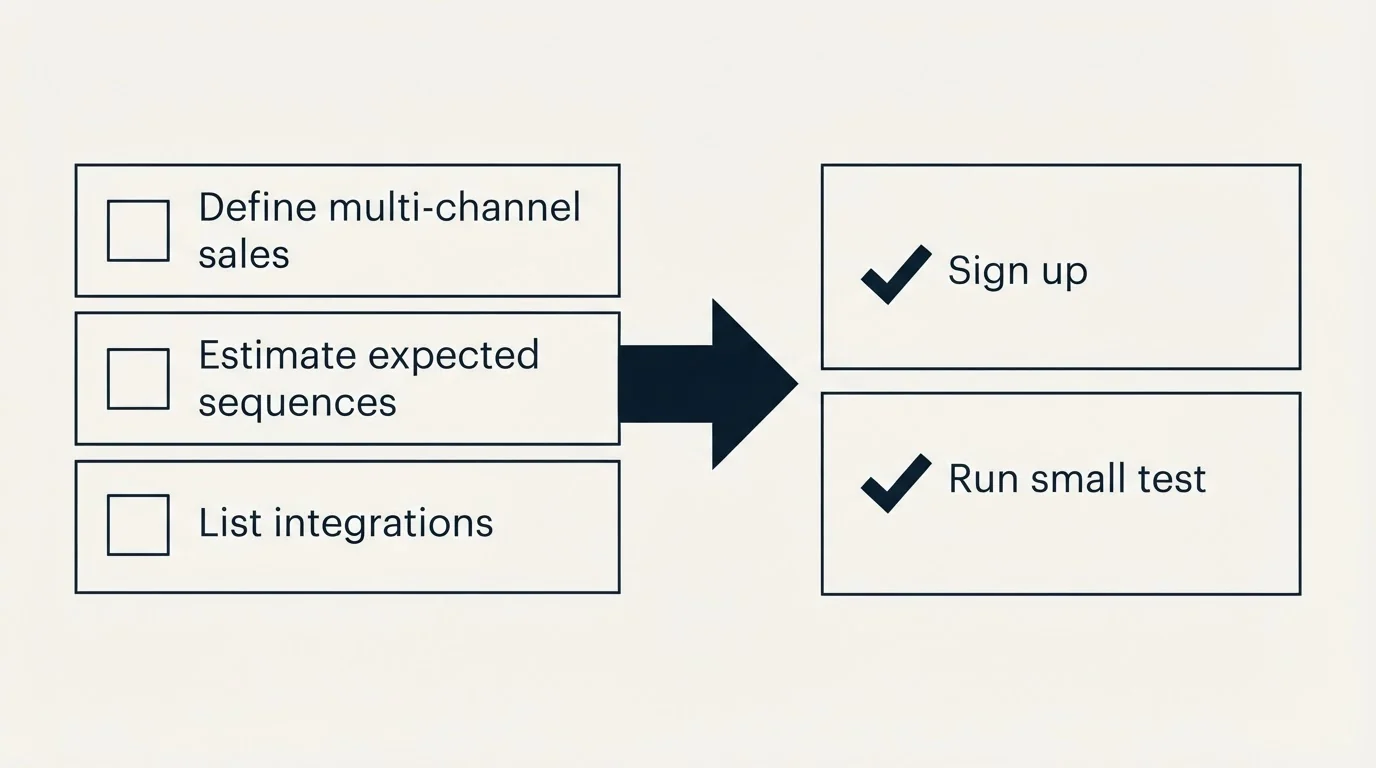 Before-and-after steps: Getting Started Checklist (Define multi-channel sales, Estimate expected sequences, List integrations, Sign up)