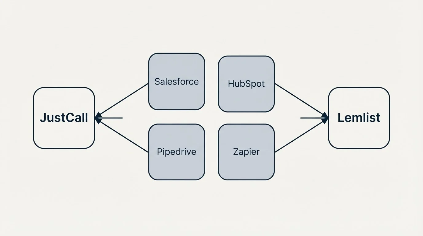 Integration schematic: Integration Ecosystem (JustCall, Lemlist, Salesforce, HubSpot)