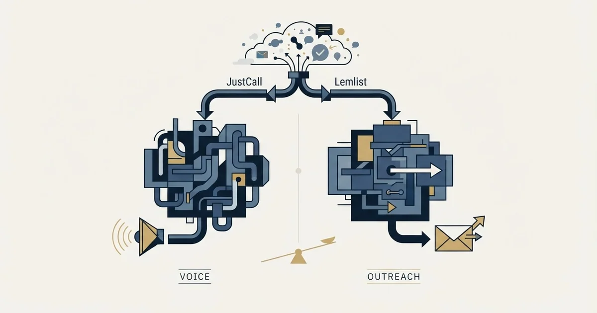 Editorial illustration for JustCall vs Lemlist