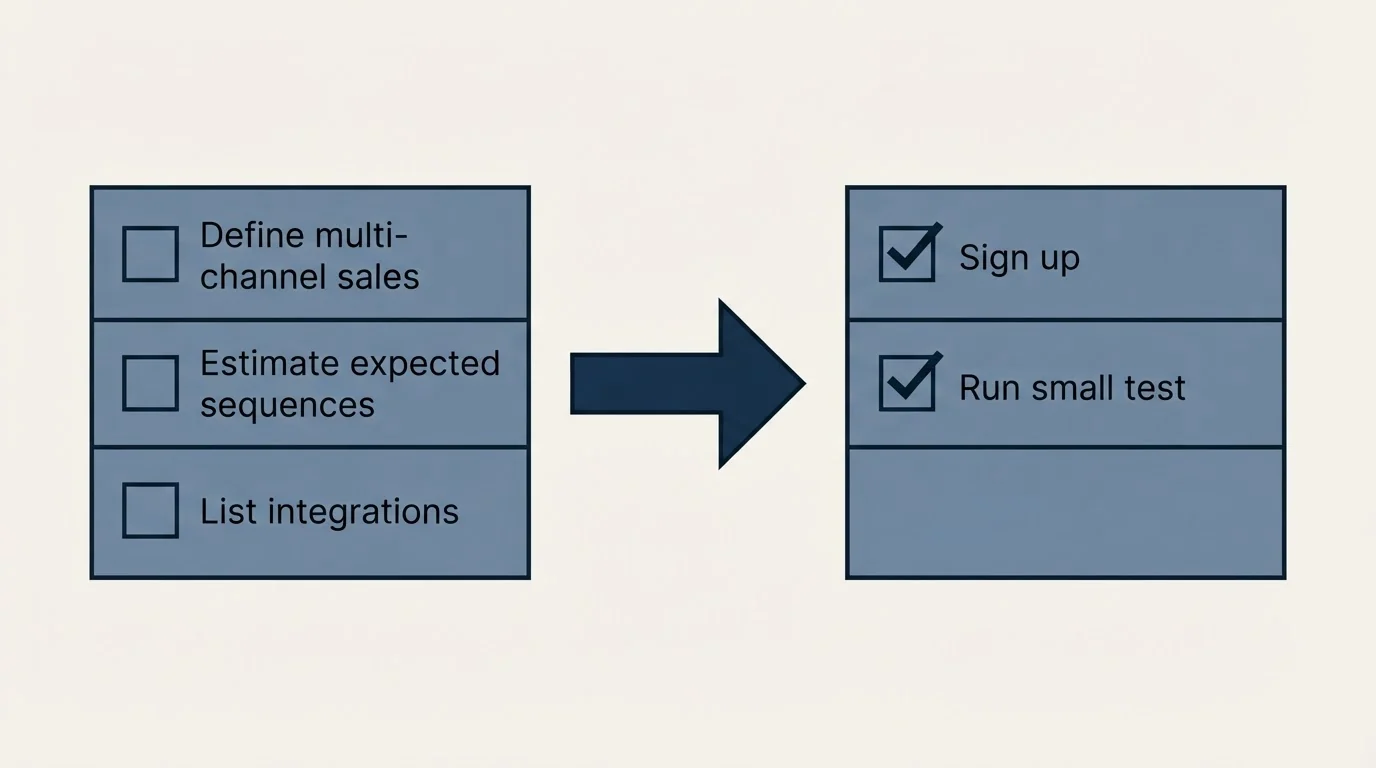 Before-and-after steps: Getting Started Checklist (Define multi-channel sales, Estimate expected sequences, List integrations, Sign up)