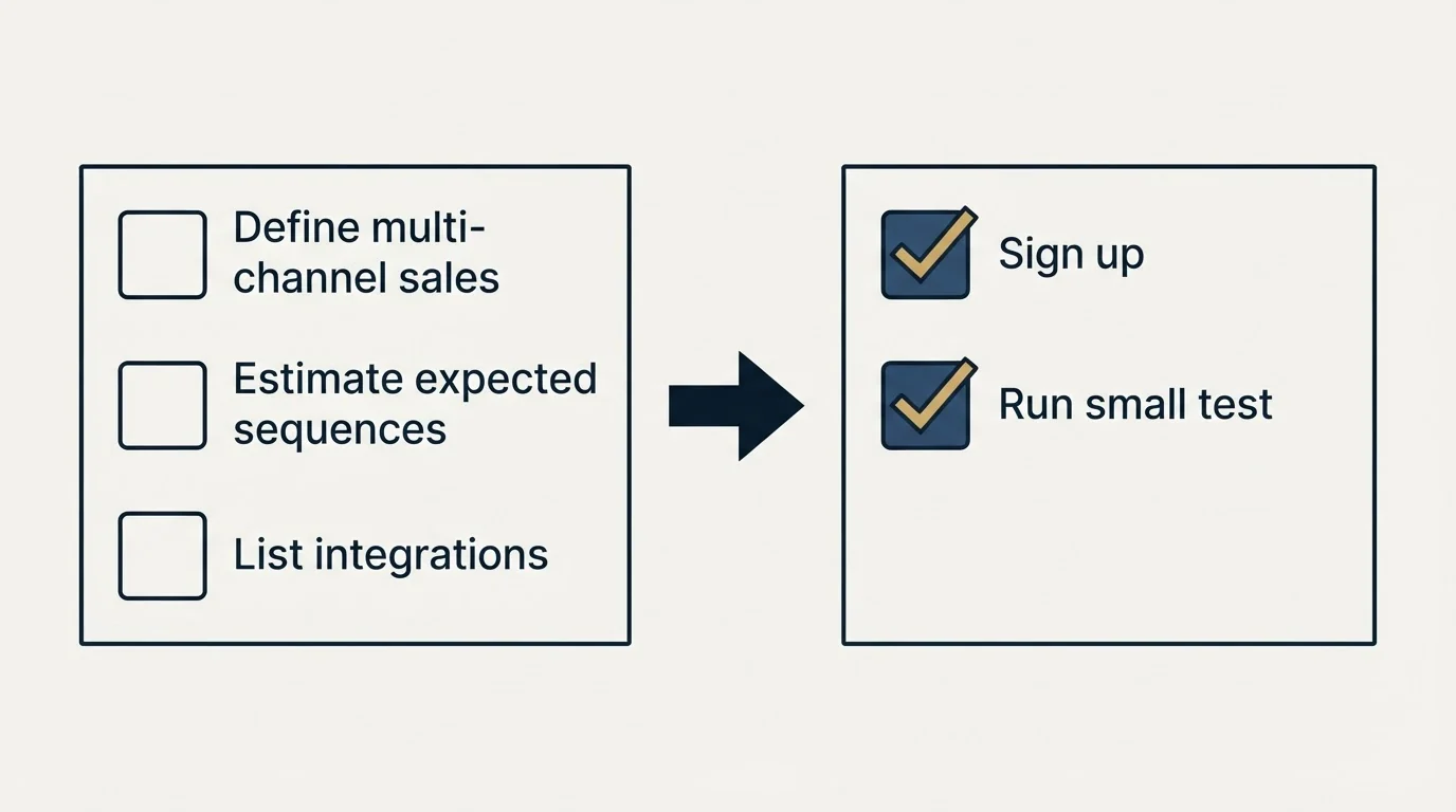 Before-and-after steps: Getting Started Checklist (Define multi-channel sales, Estimate expected sequences, List integrations, Sign up)