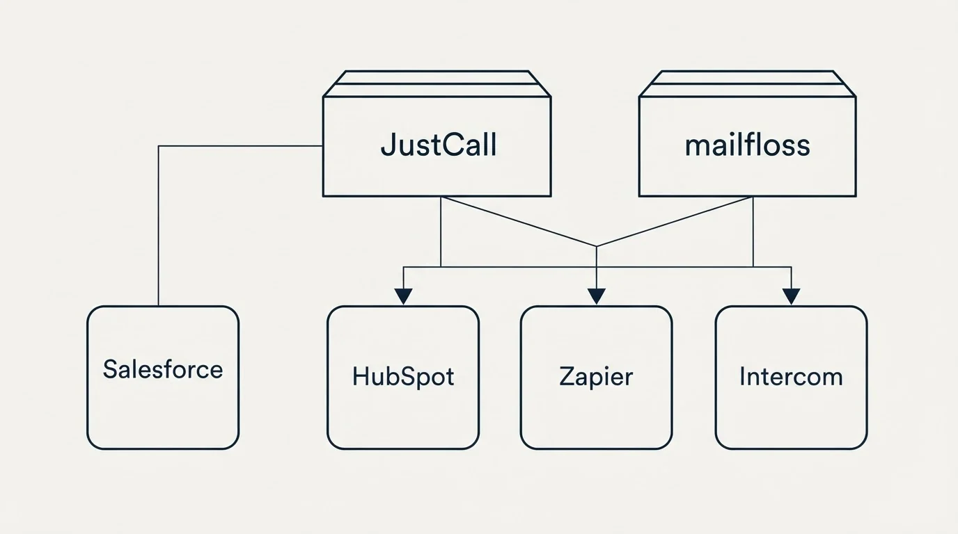 Integration grid: Integration Ecosystem (JustCall, mailfloss, HubSpot, Zapier)