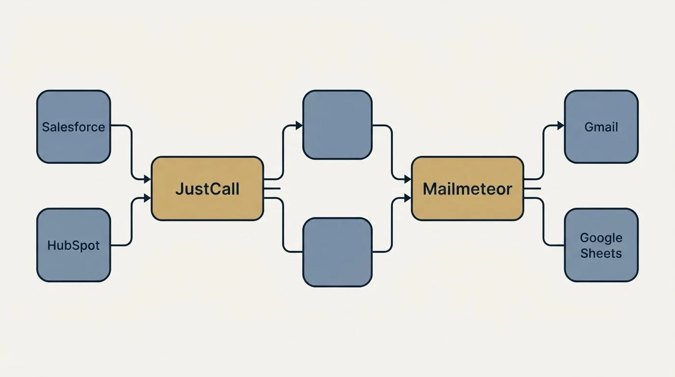 Integration schematic: Integration Ecosystem (JustCall, Mailmeteor, Salesforce, Gmail)