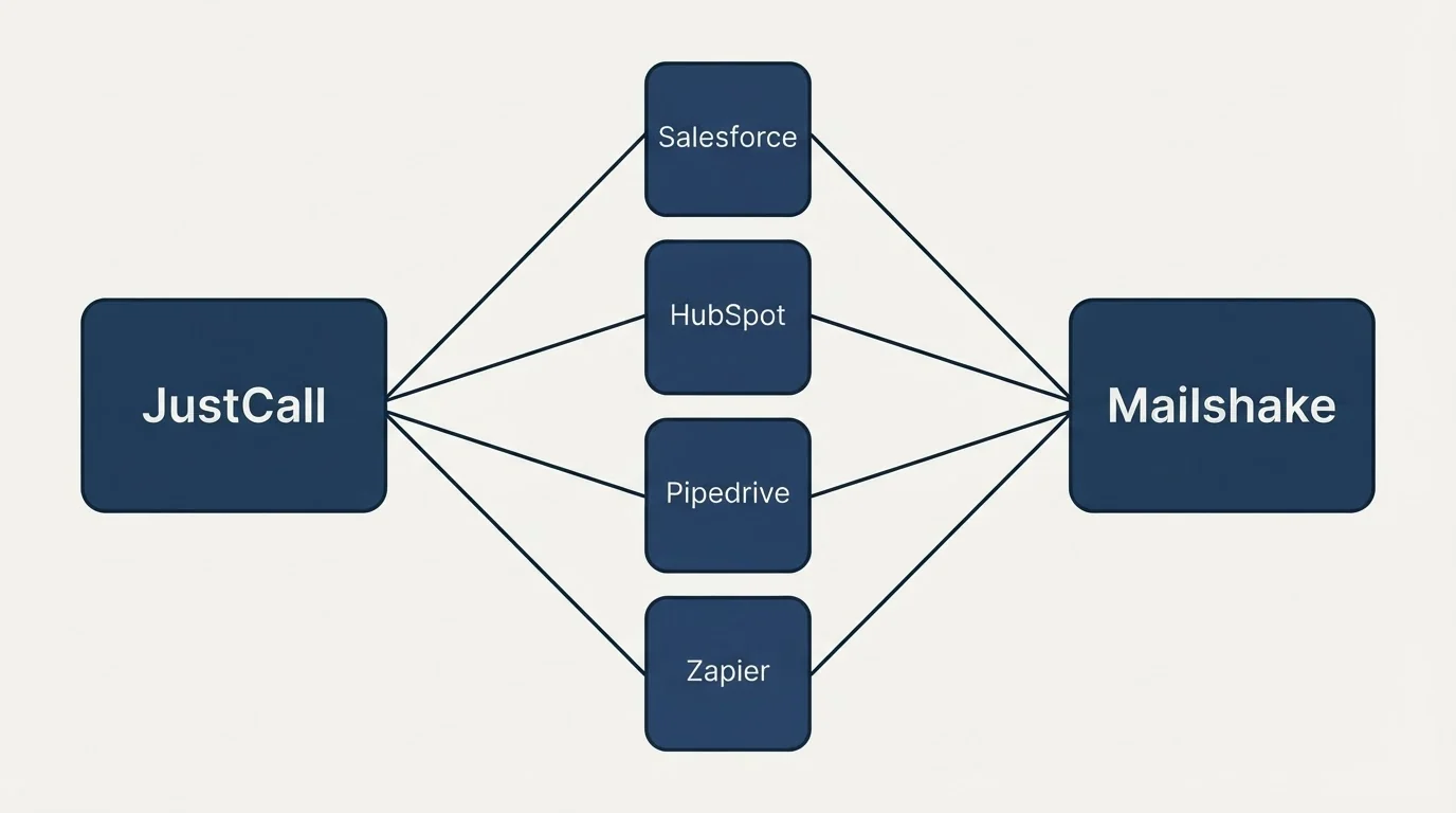 Integration flow: Integration Ecosystem (JustCall, Mailshake, Salesforce, HubSpot)