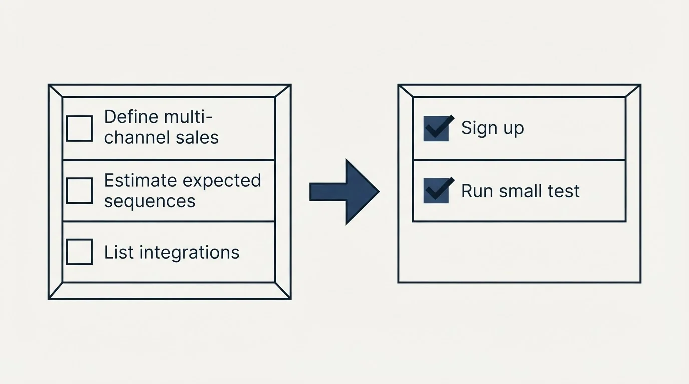 Before-and-after steps: Getting Started Checklist (Define multi-channel sales, Estimate expected sequences, List integrations, Sign up)