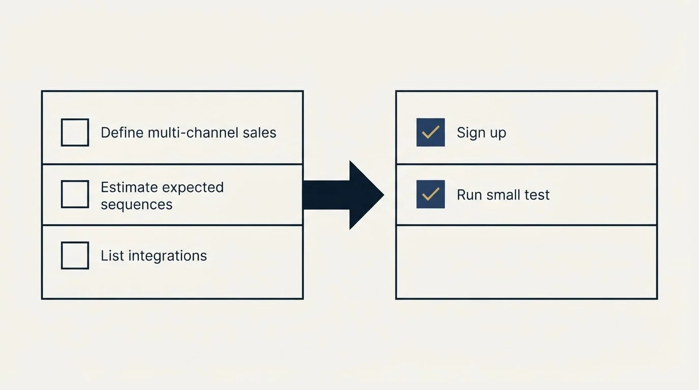 Before-and-after steps: Getting Started Checklist (Define multi-channel sales, Estimate expected sequences, List integrations, Sign up)