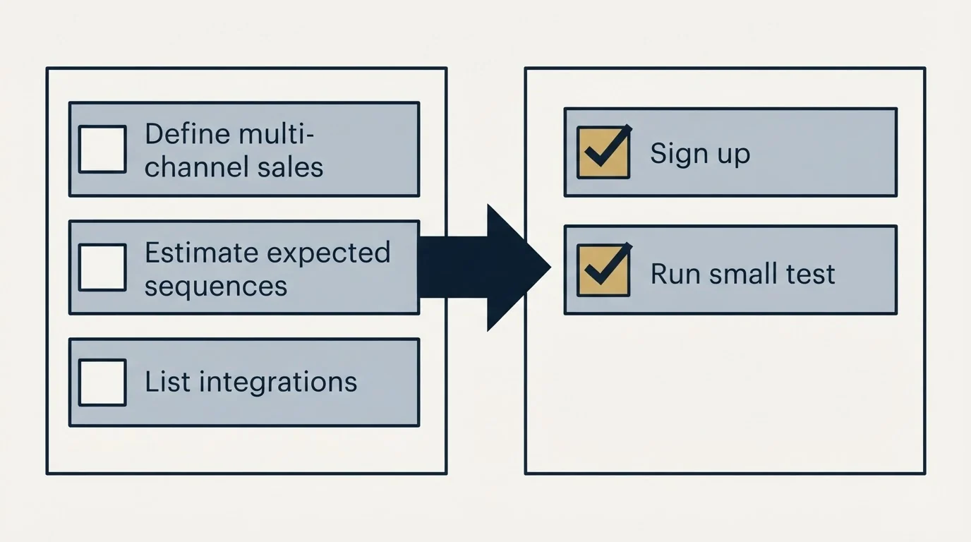 Before-and-after steps: Getting Started Checklist (Define multi-channel sales, Estimate expected sequences, List integrations, Sign up)