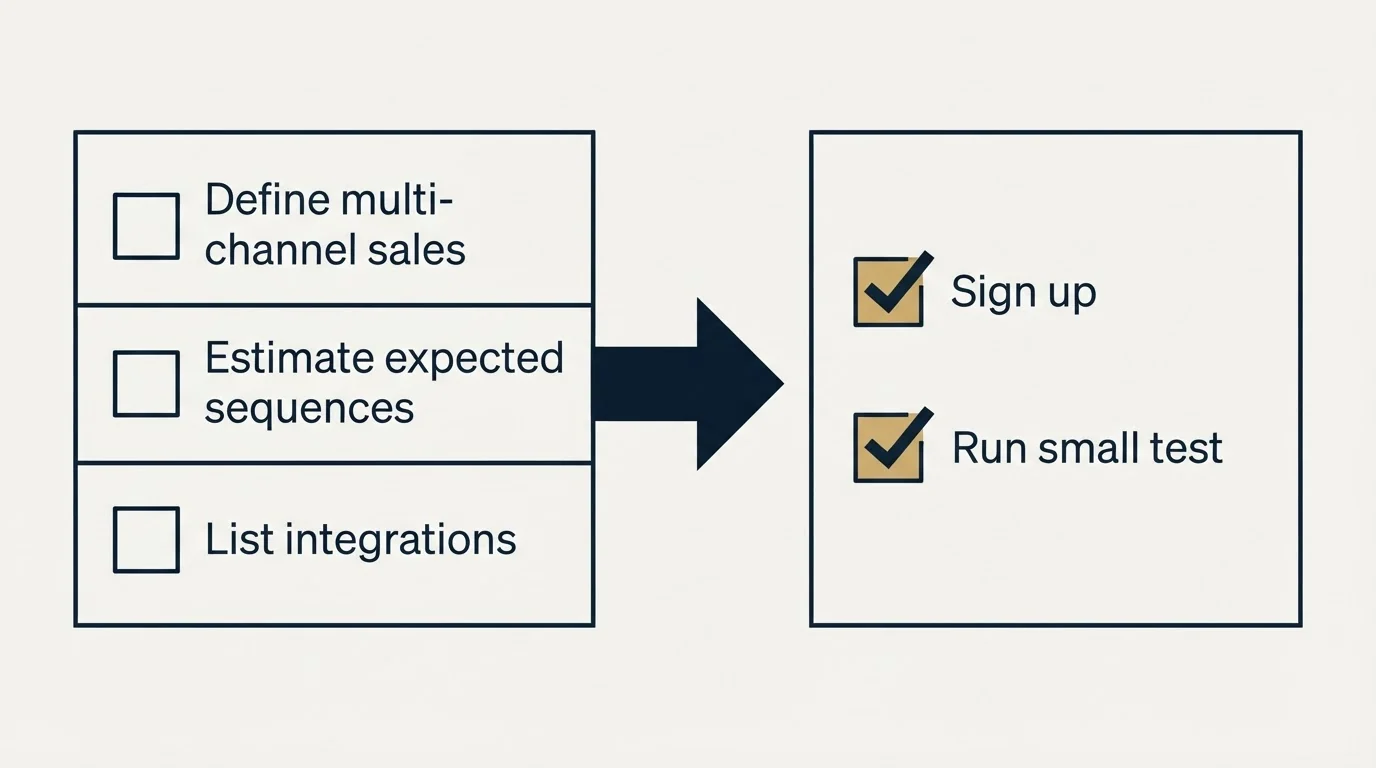 Before-and-after steps: Getting Started Checklist (Define multi-channel sales, Estimate expected sequences, List integrations, Sign up)