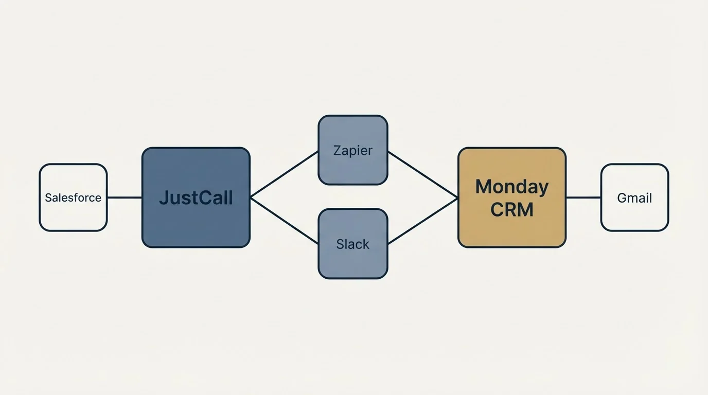 Integration schematic: Integration Ecosystem (JustCall, Monday CRM, Zapier, Slack)