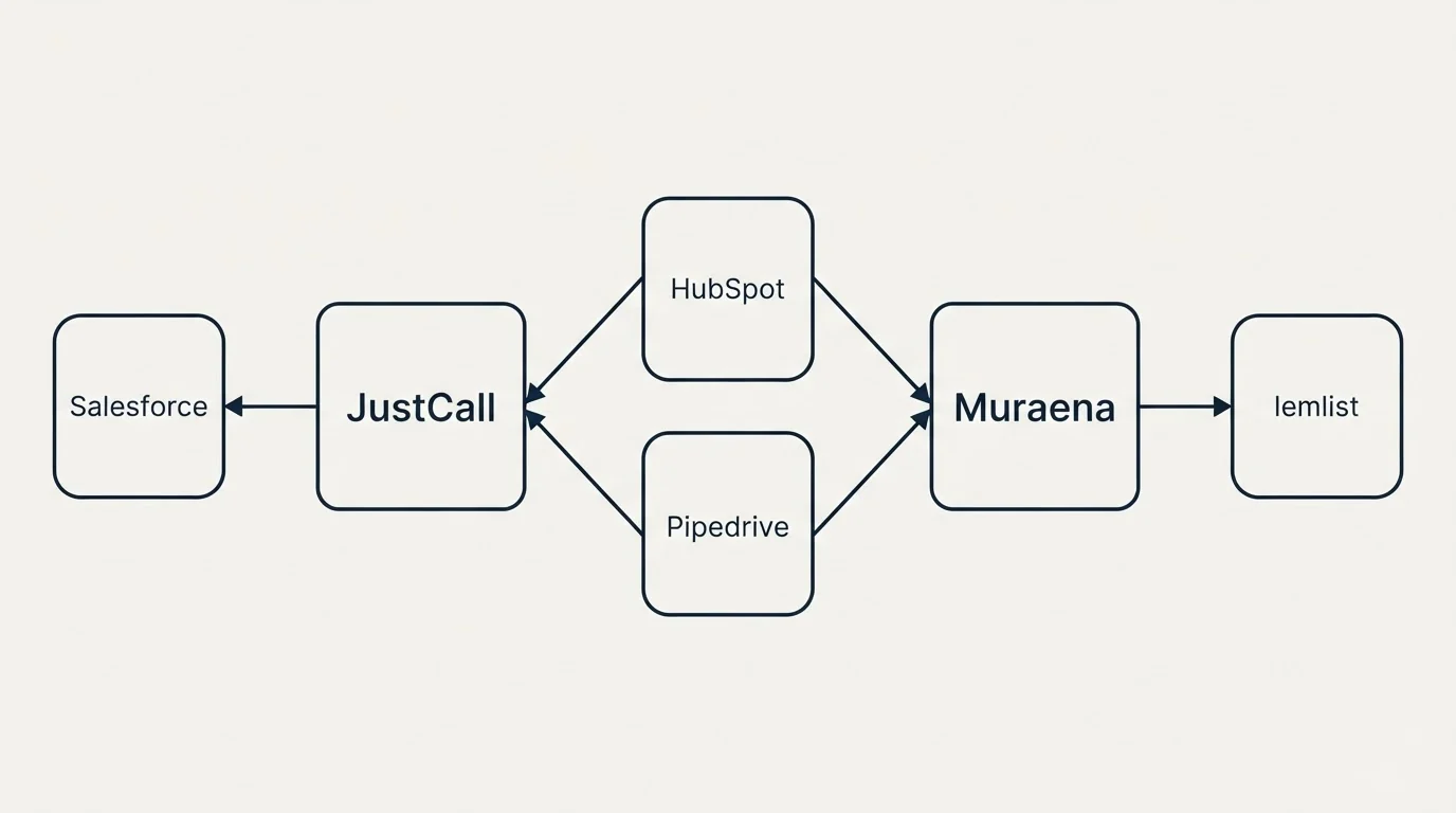 Integration schematic: Integration Ecosystem (JustCall, Muraena, HubSpot, Pipedrive)