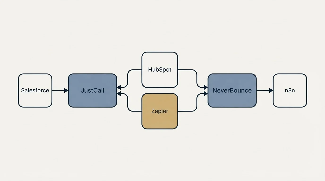 Integration schematic: Integration Ecosystem (JustCall, NeverBounce, HubSpot, Zapier)