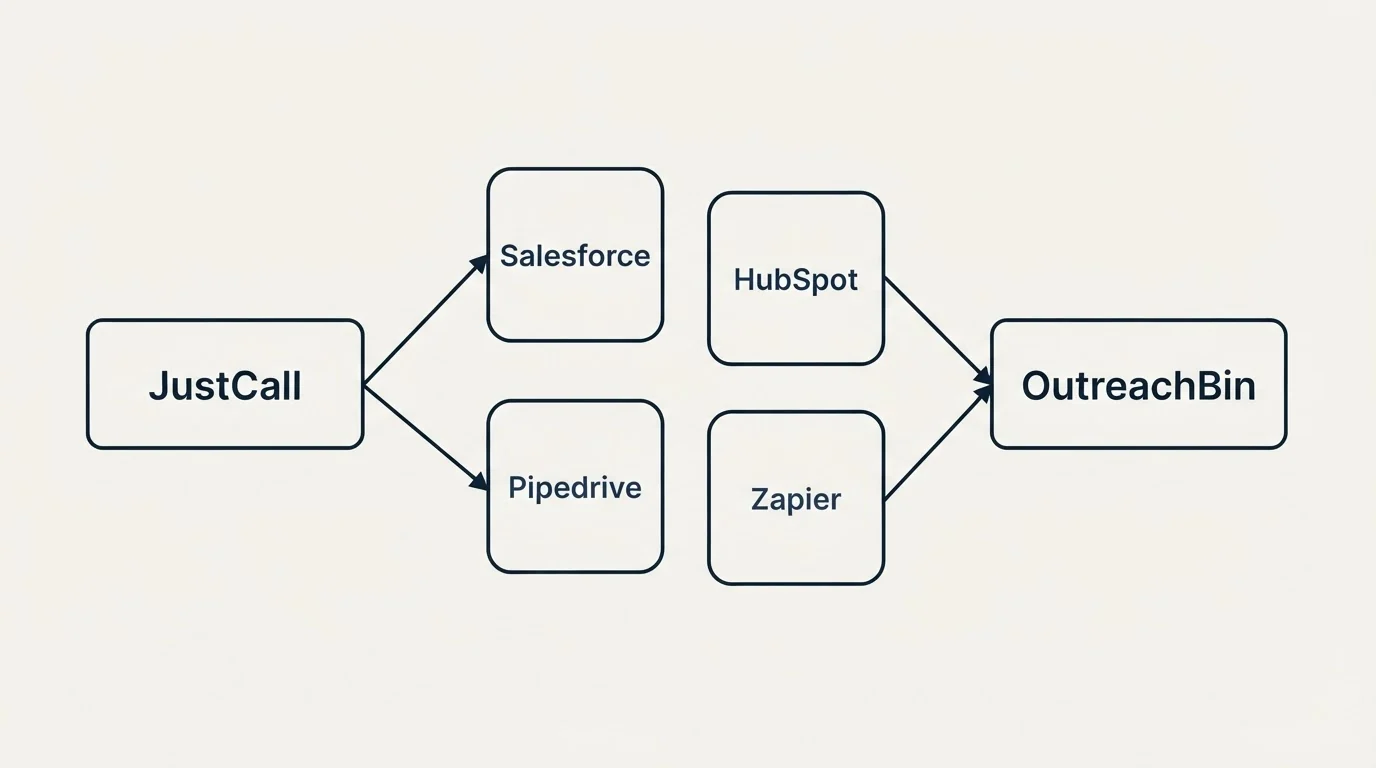 Integration schematic: Integration Ecosystem (JustCall, OutreachBin, Salesforce, HubSpot)