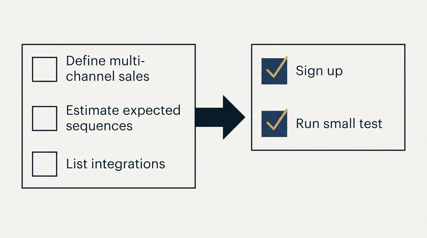 Before-and-after steps: Getting Started Checklist (Define multi-channel sales, Estimate expected sequences, List integrations, Sign up)