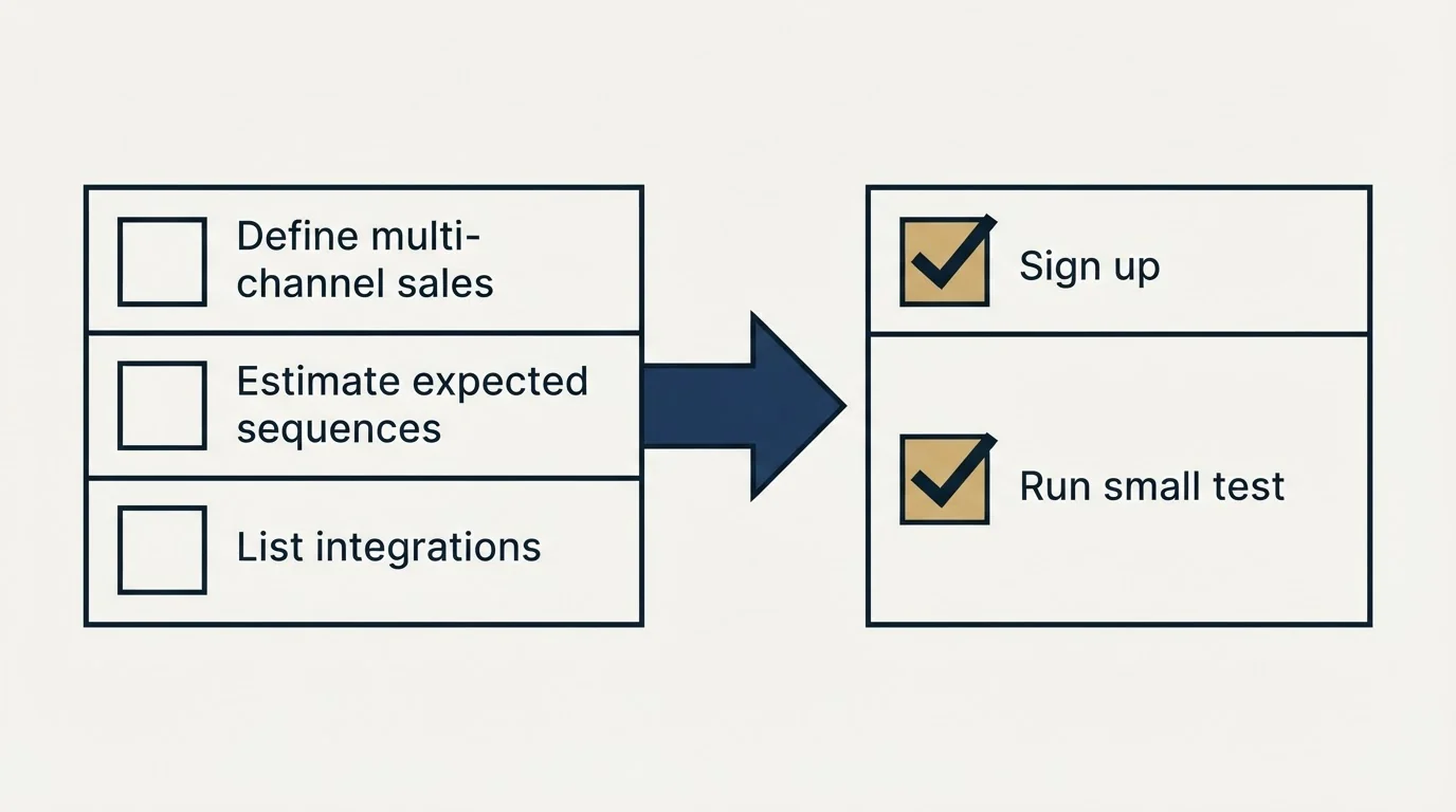 Before-and-after steps: Getting Started Checklist (Define multi-channel sales, Estimate expected sequences, List integrations, Sign up)