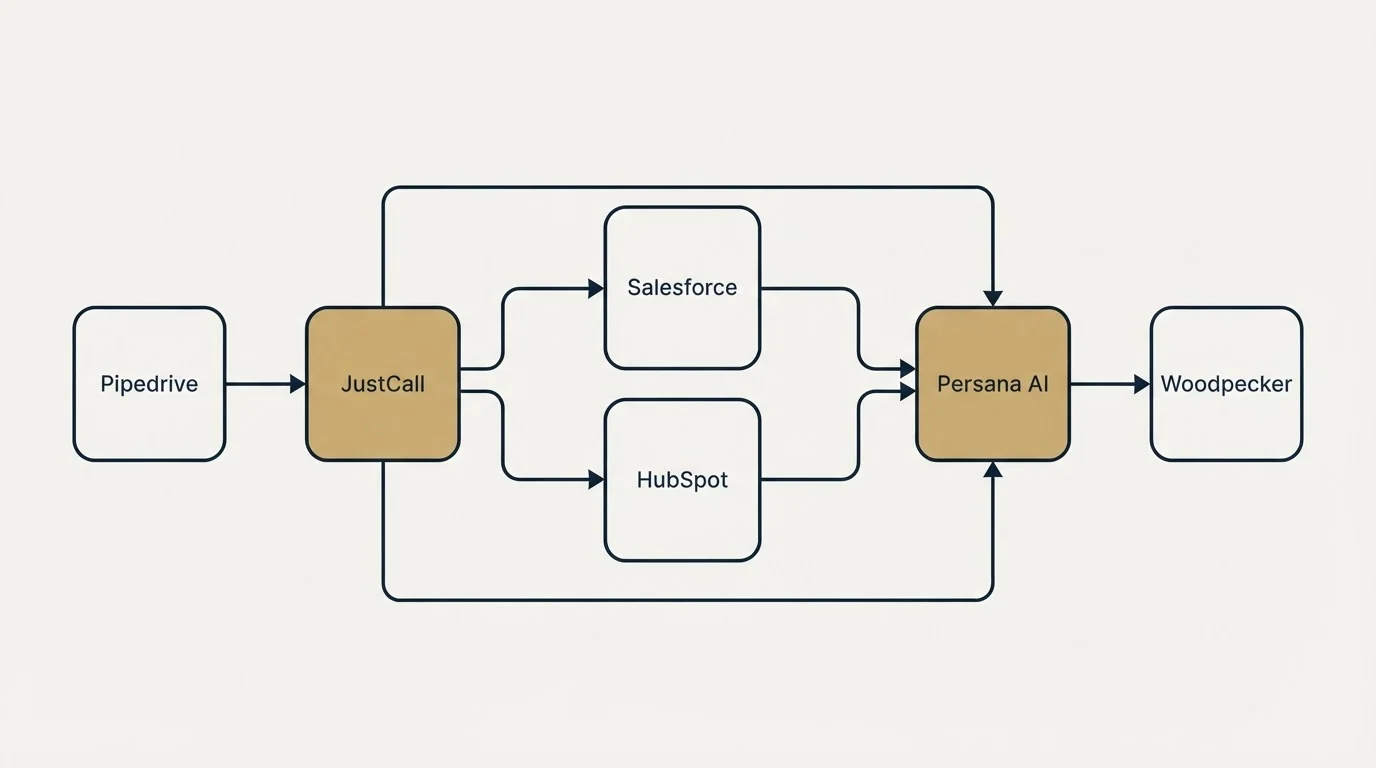 Integration schematic: Integration Ecosystem (JustCall, Persana AI, Salesforce, HubSpot)