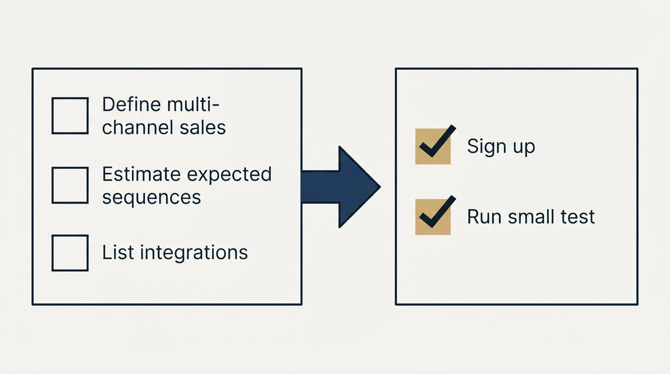 Before-and-after steps: Getting Started Checklist (Define multi-channel sales, Estimate expected sequences, List integrations, Sign up)