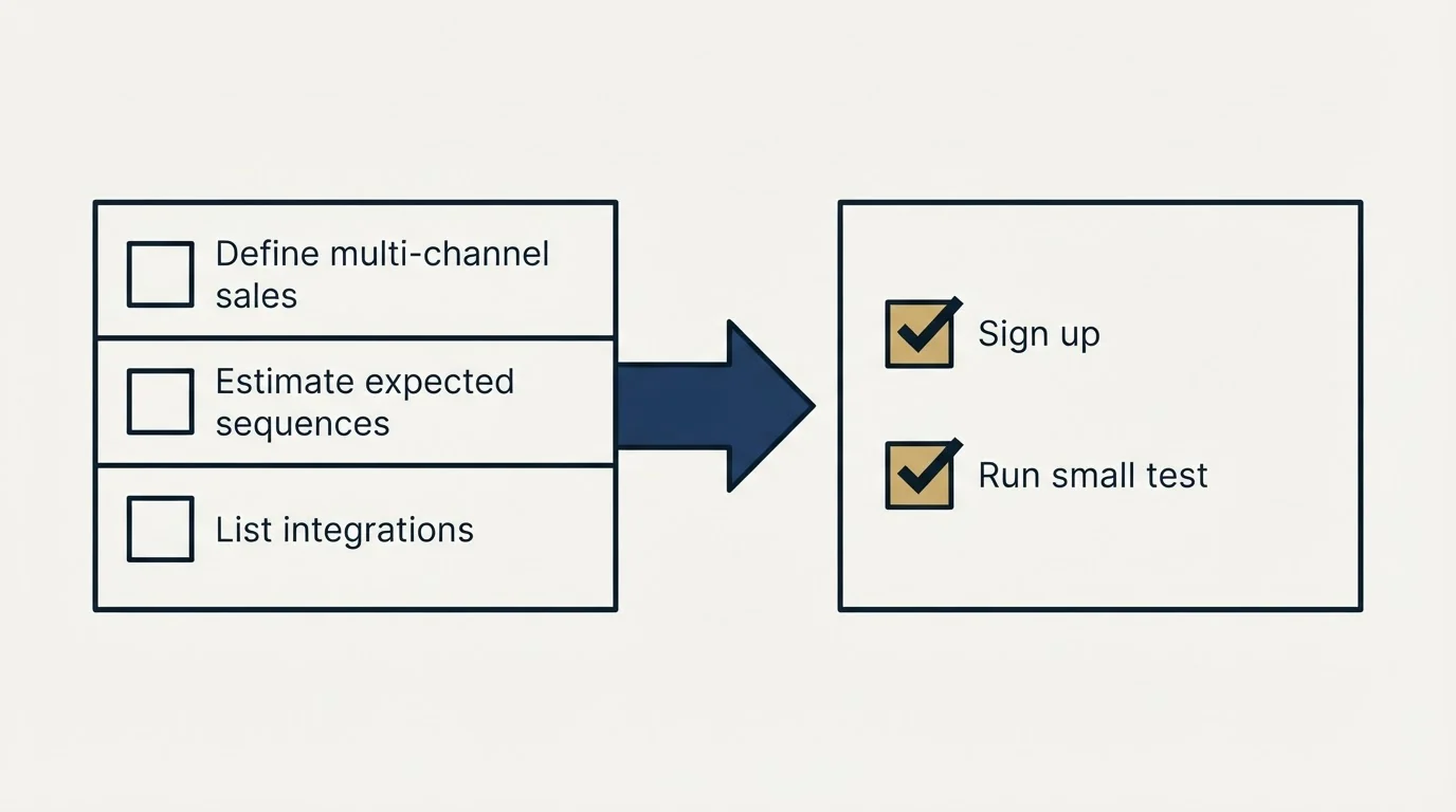 Before-and-after steps: Getting Started Checklist (Define multi-channel sales, Estimate expected sequences, List integrations, Sign up)