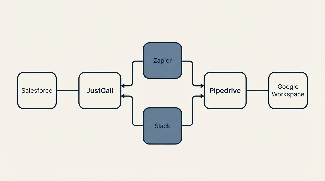 Integration flow: Integration Ecosystem (JustCall, Pipedrive, Zapier, Slack)
