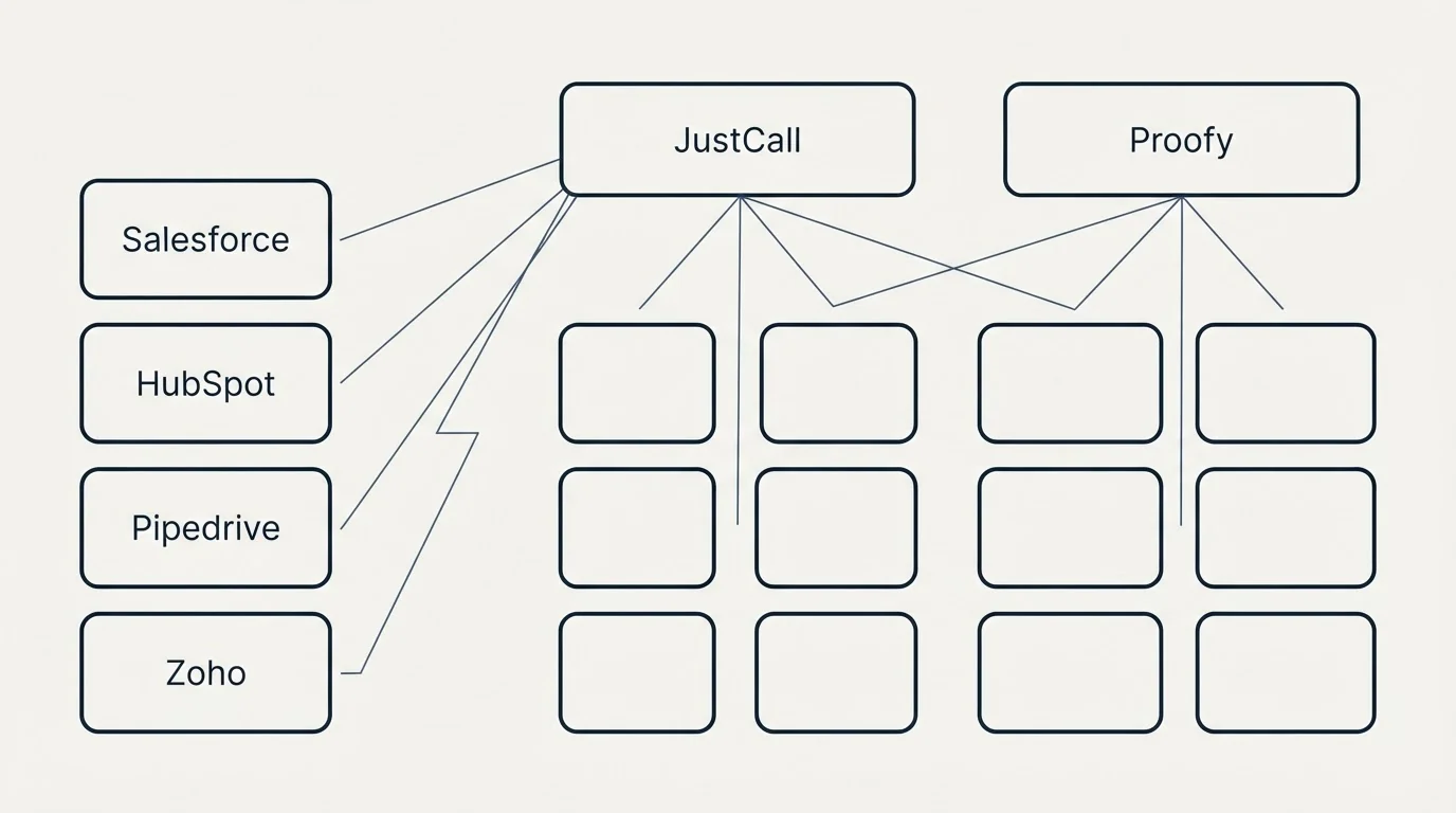 Integration grid: Integration Ecosystem (JustCall, Proofy, Salesforce, HubSpot)
