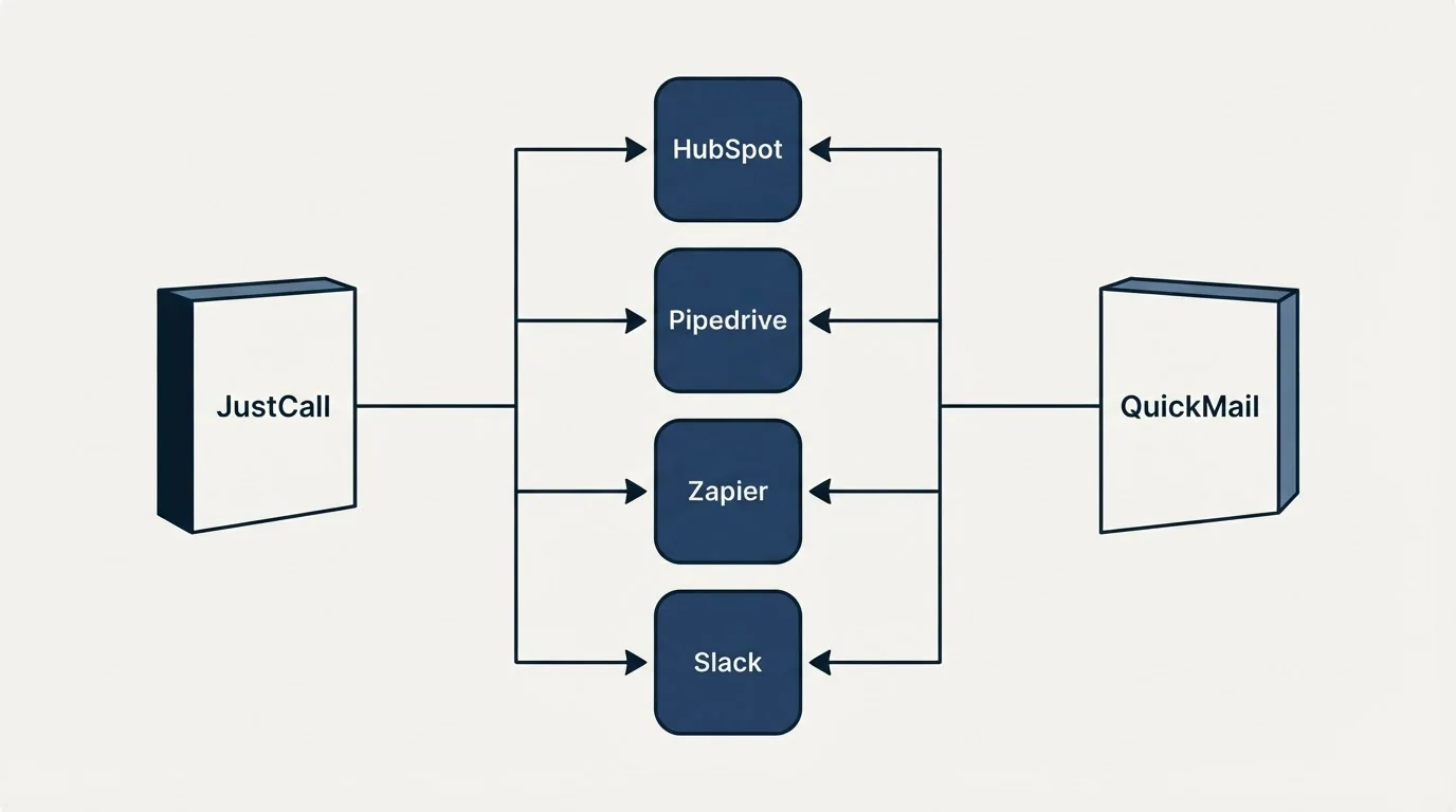 Integration flow: Integration Ecosystem (JustCall, QuickMail, HubSpot, Pipedrive)