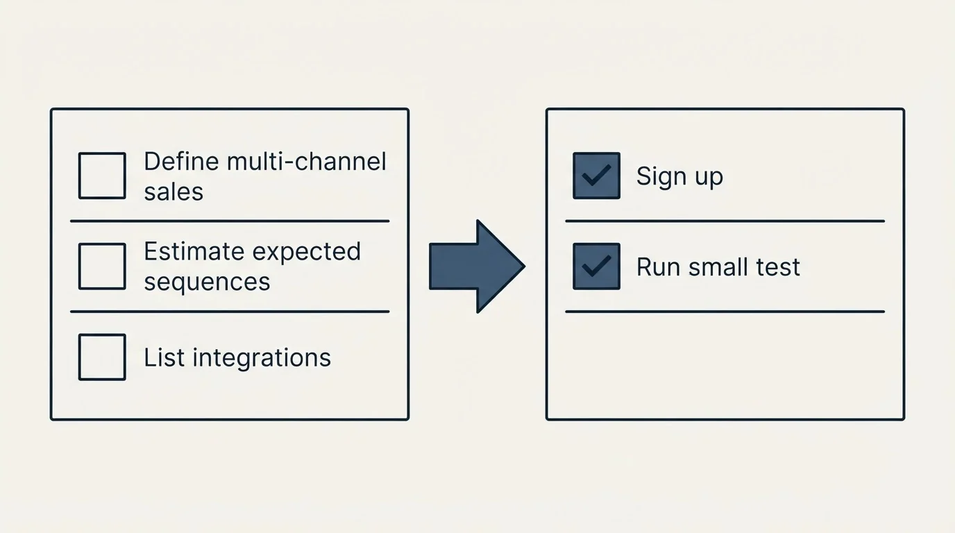 Before-and-after steps: Getting Started Checklist (Define multi-channel sales, Estimate expected sequences, List integrations, Sign up)