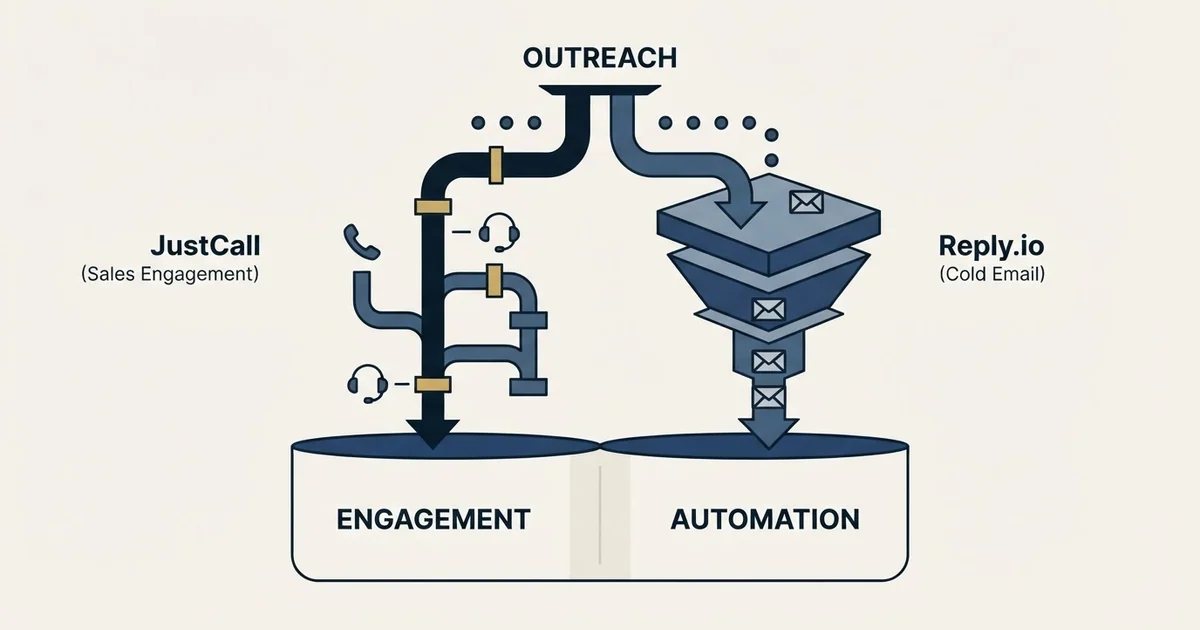 Editorial illustration for JustCall vs Reply.io
