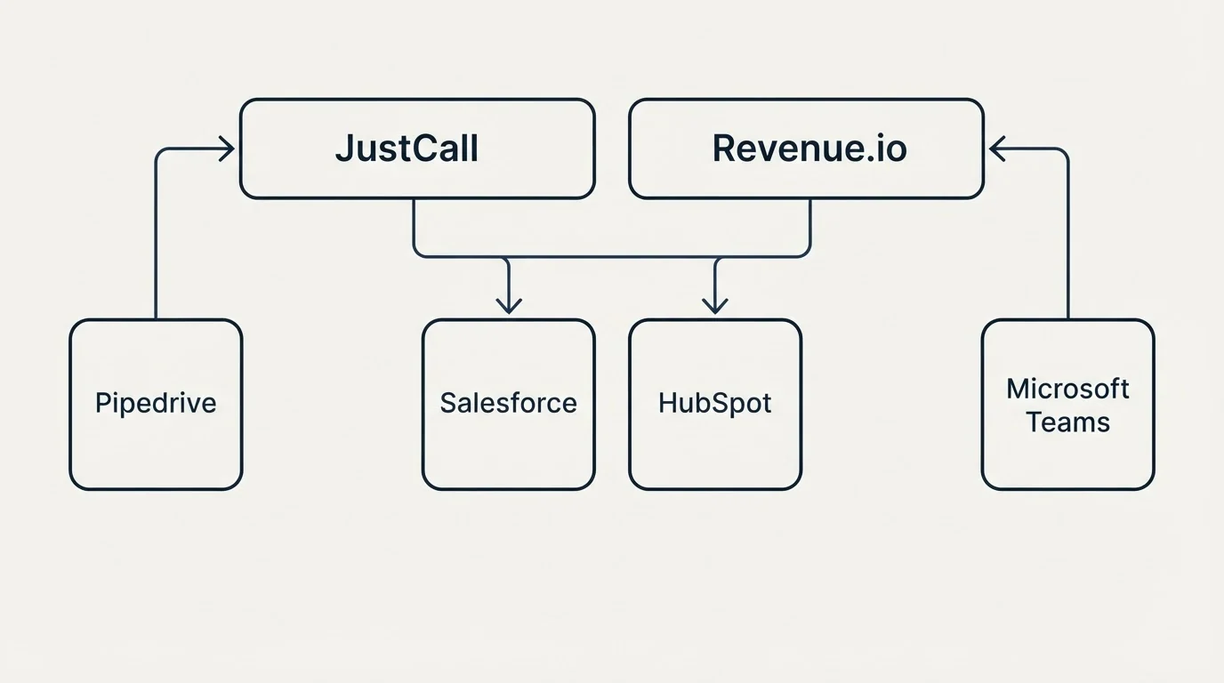 Integration grid: Integration Ecosystem (JustCall, Revenue.io, Salesforce, HubSpot)