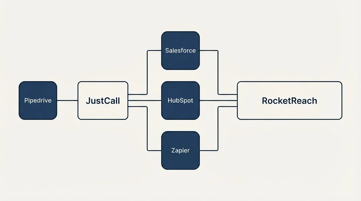 Integration flow: Integration Ecosystem (JustCall, RocketReach, Salesforce, HubSpot)
