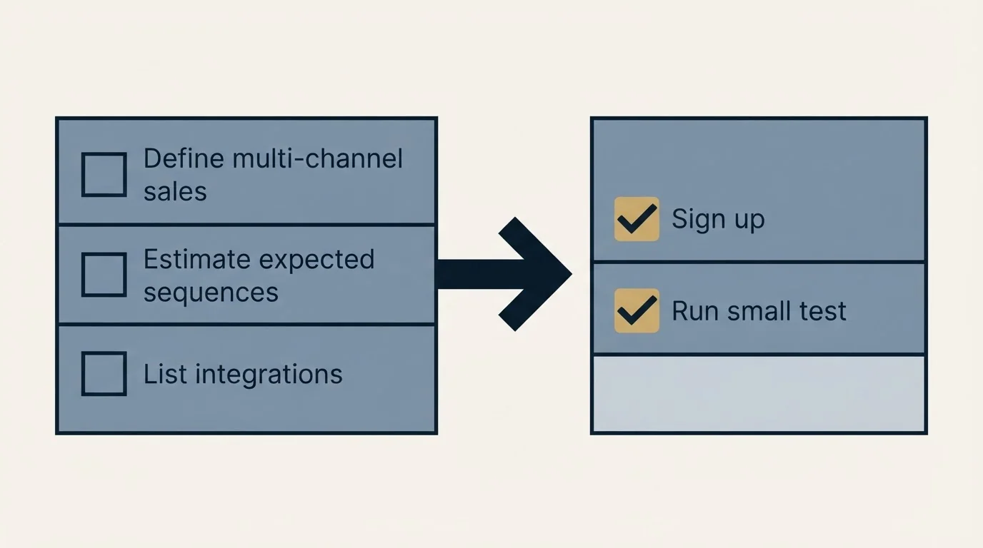 Before-and-after steps: Getting Started Checklist (Define multi-channel sales, Estimate expected sequences, List integrations, Sign up)