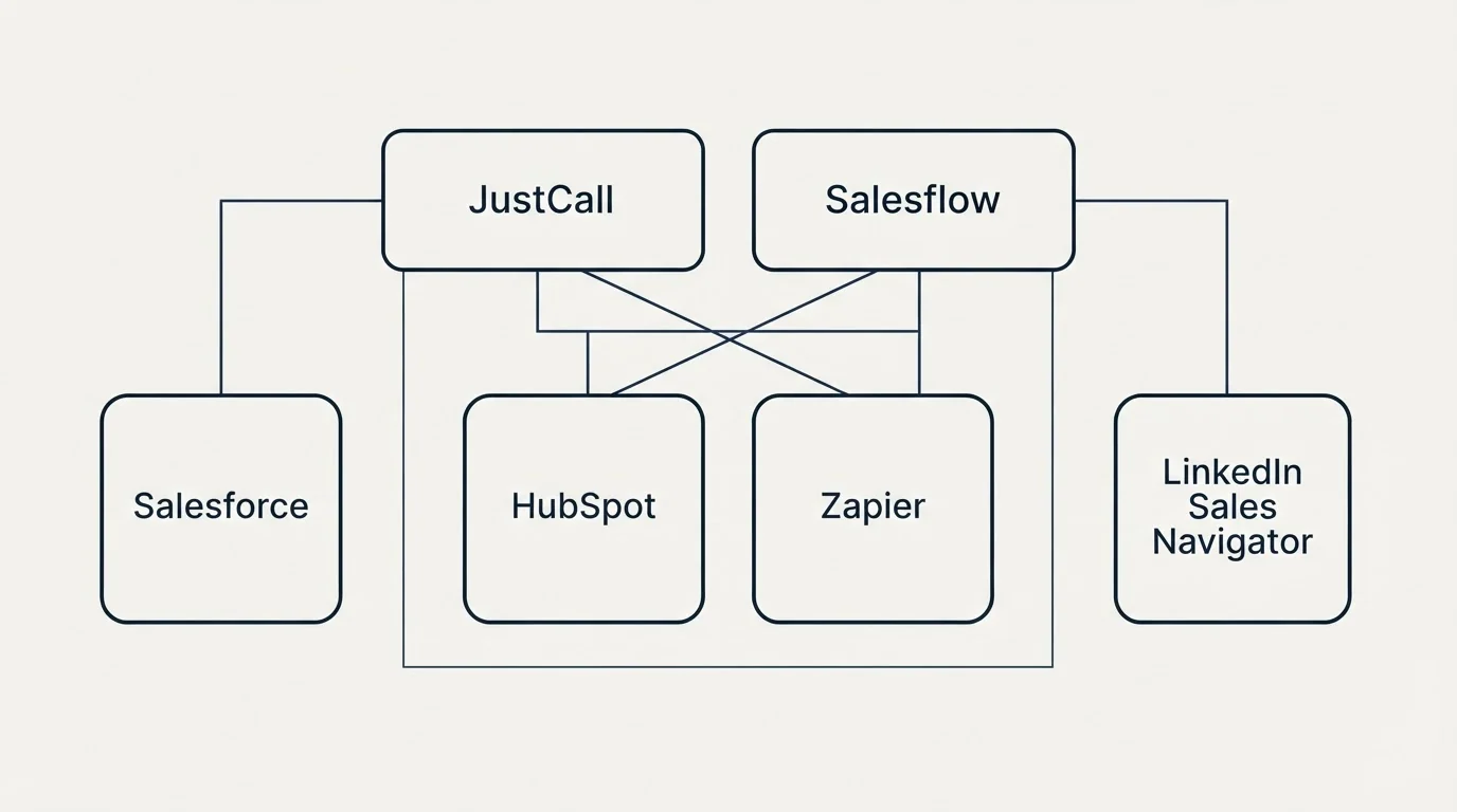 Integration grid: Integration Ecosystem (JustCall, Salesflow, HubSpot, Zapier)